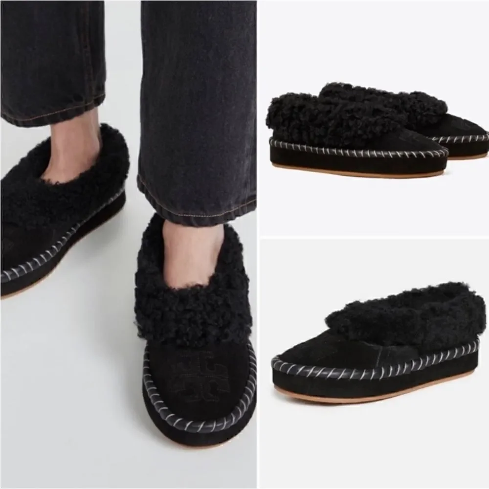 TORY BURCH SHEARLING SLIPPERS BLACK 6.5